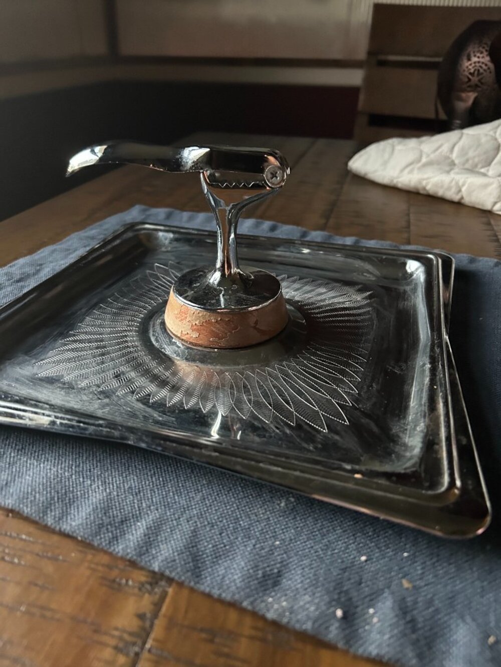 Vintage  mid-century modern chrome  nut cracker   mounted on wood  and a  square